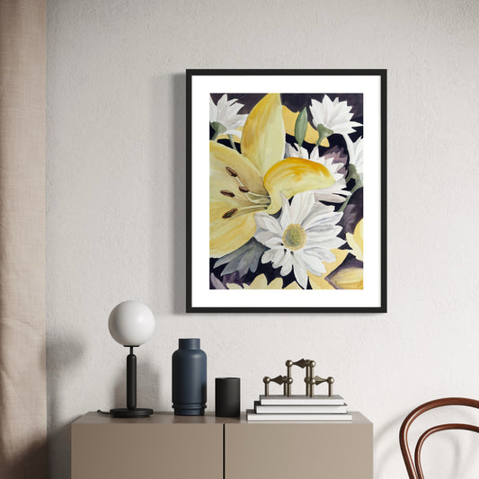 watercolor painting of closeup day lilies and daisies with dark background.