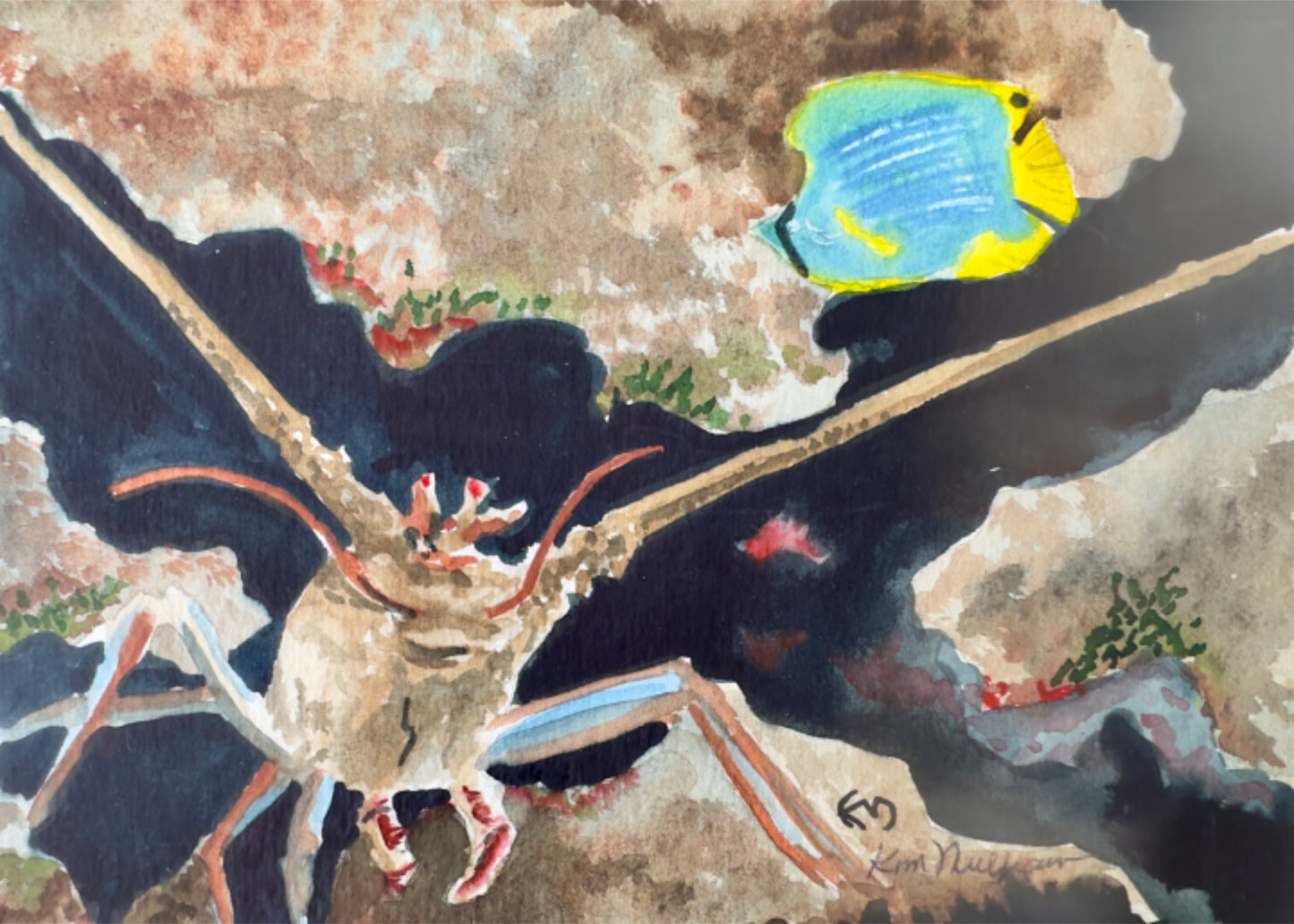 watercolorPainting of a lobster amoung rocks with a blue and yellow tropical fish.