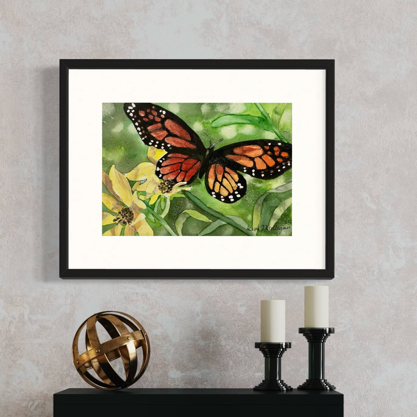 Print of Monarch Butterfly with Yellow Flowers Watercolor Painting