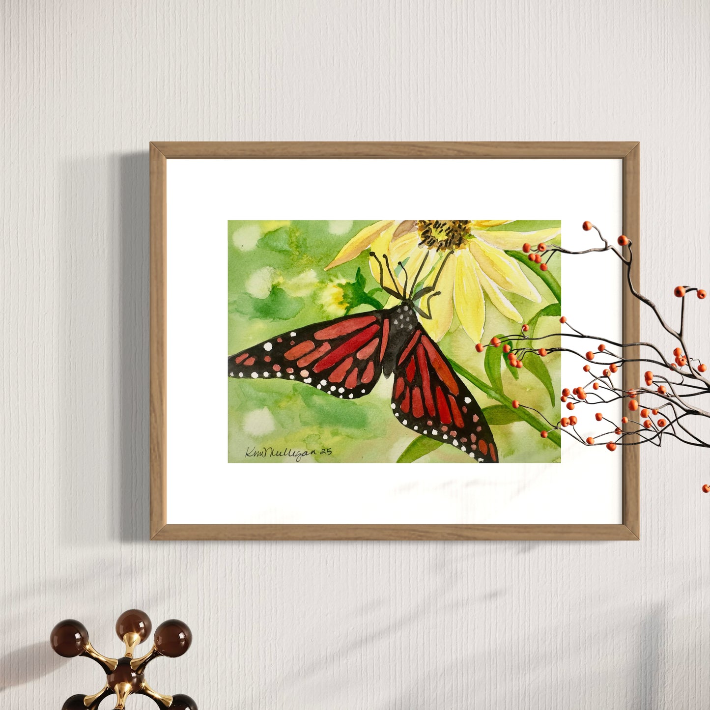 Print of Monarch Butterfly with Yellow Flowers Watercolor Painting