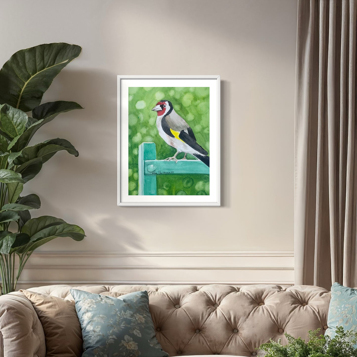 European Goldfinch in Monet's Garden Original Watercolor Painting - 5x7"