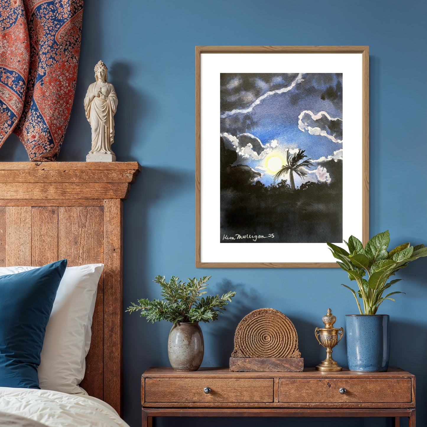 Print of Night Sky with Moon and Palm Trees