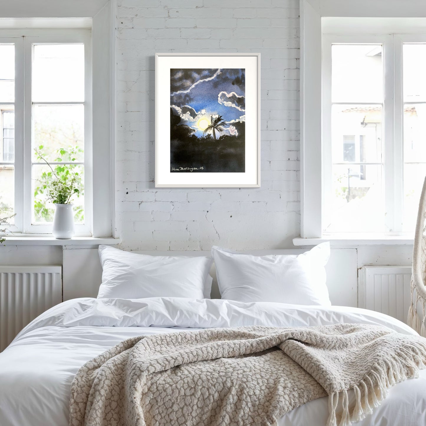 Print of Night Sky with Moon and Palm Trees