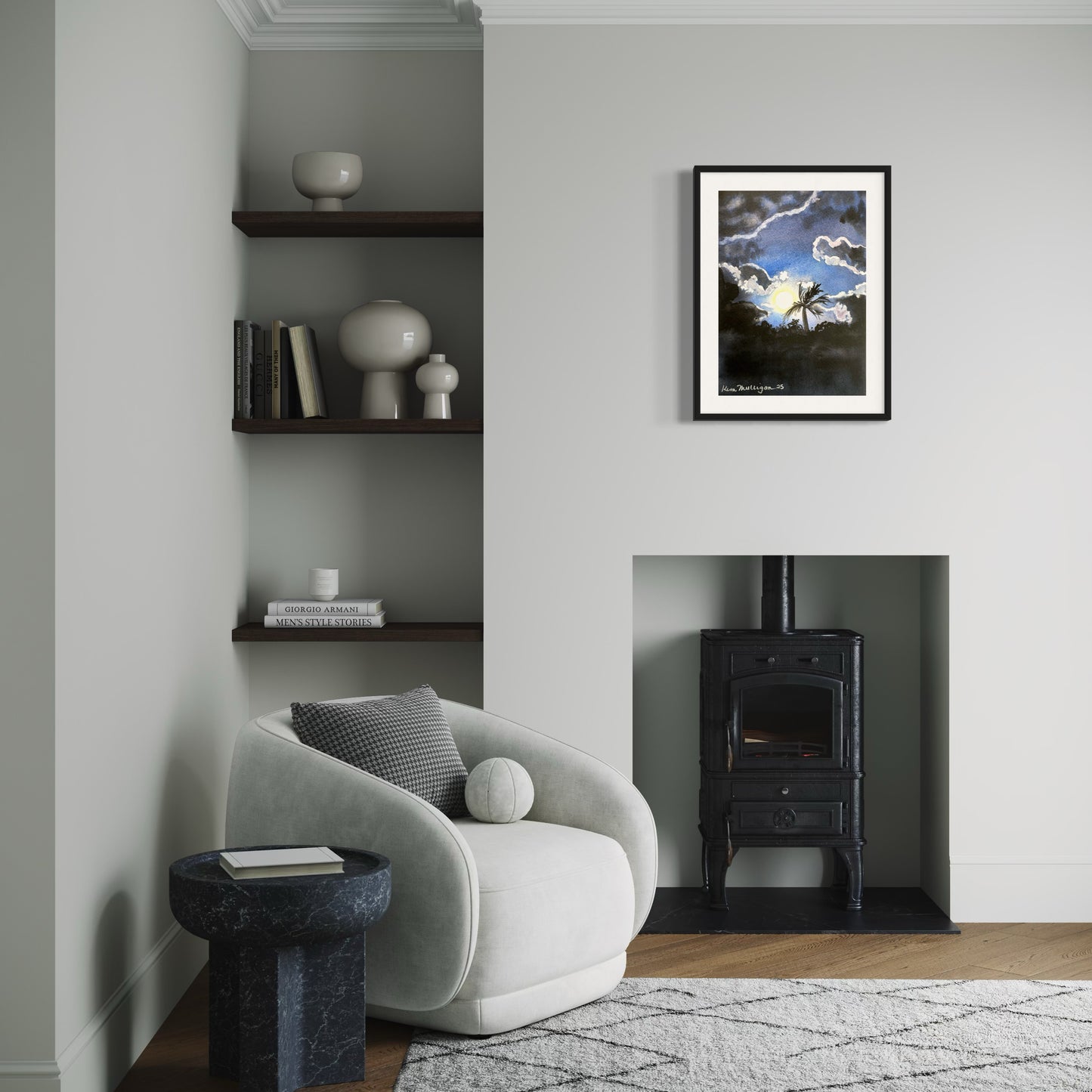 Print of Night Sky with Moon and Palm Trees
