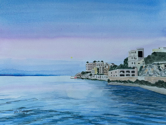 Watercolor painting of a coastal scene in Monaco with buildings and a clear sky in the early morning.