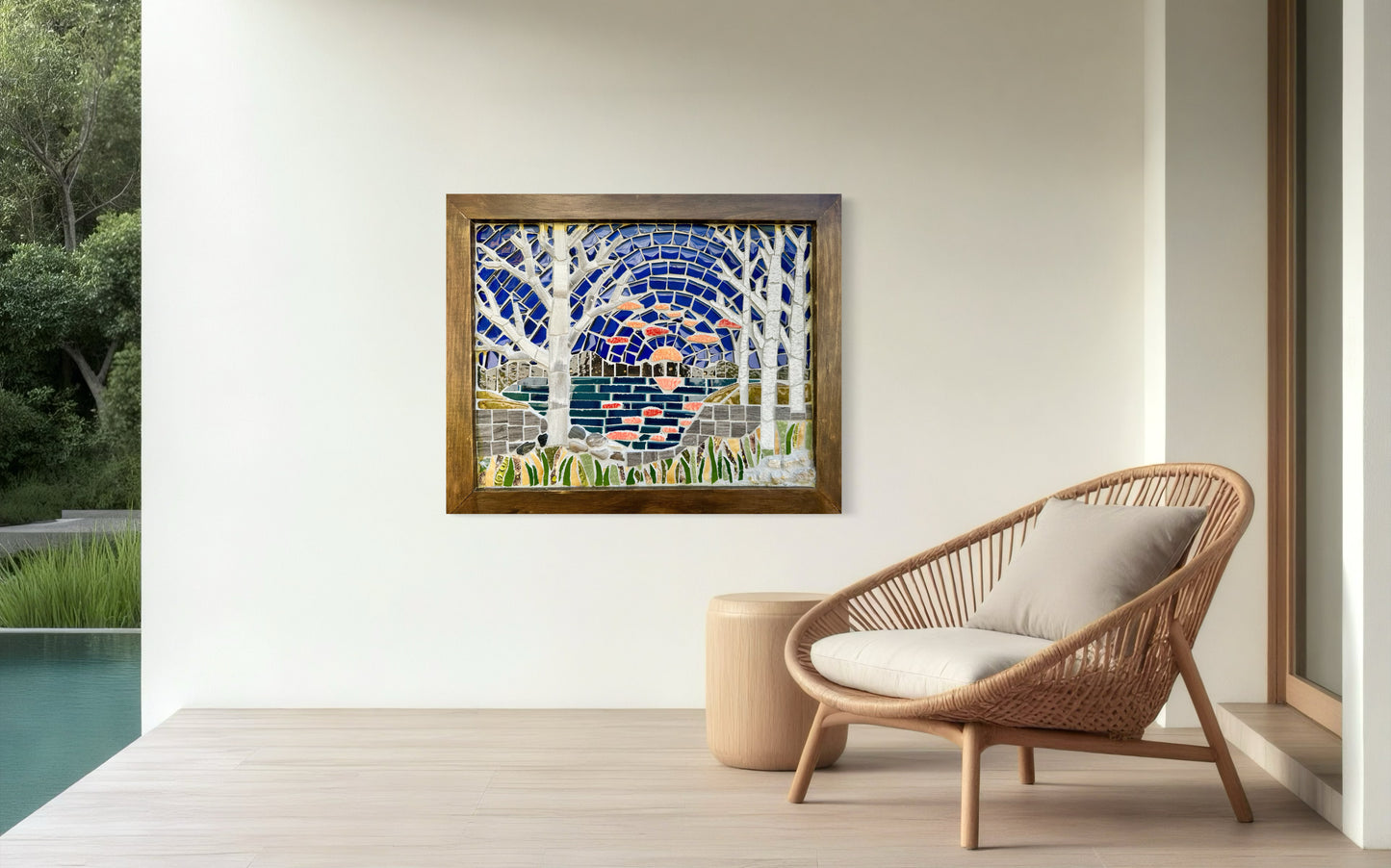 Handcrafted Mosaic Landscape Wall Art with Lake & Trees