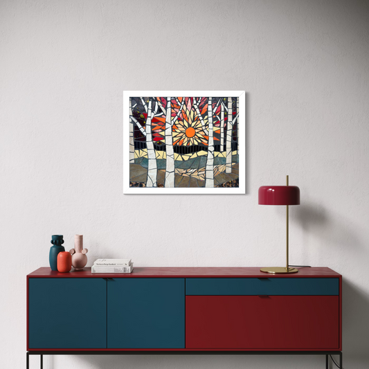 Modern interior with a colorful abstract painting above a red and blue sideboard.