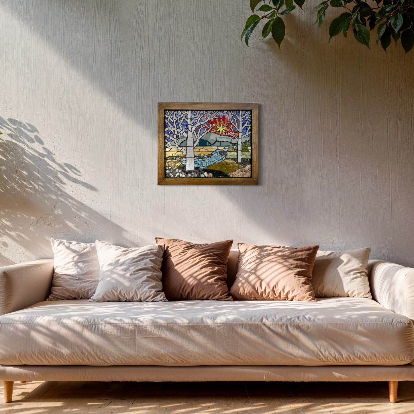mosaic landscape wall art with white trees sunset sky and river 