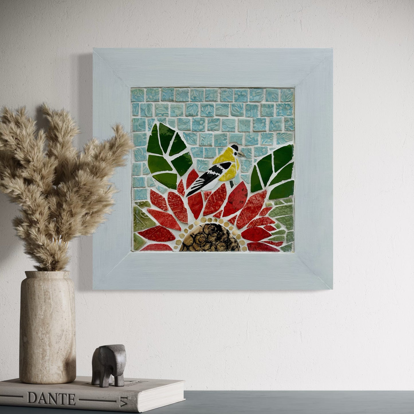 Handcrafted Mosaic Sunflower and Goldfinch Wall Art