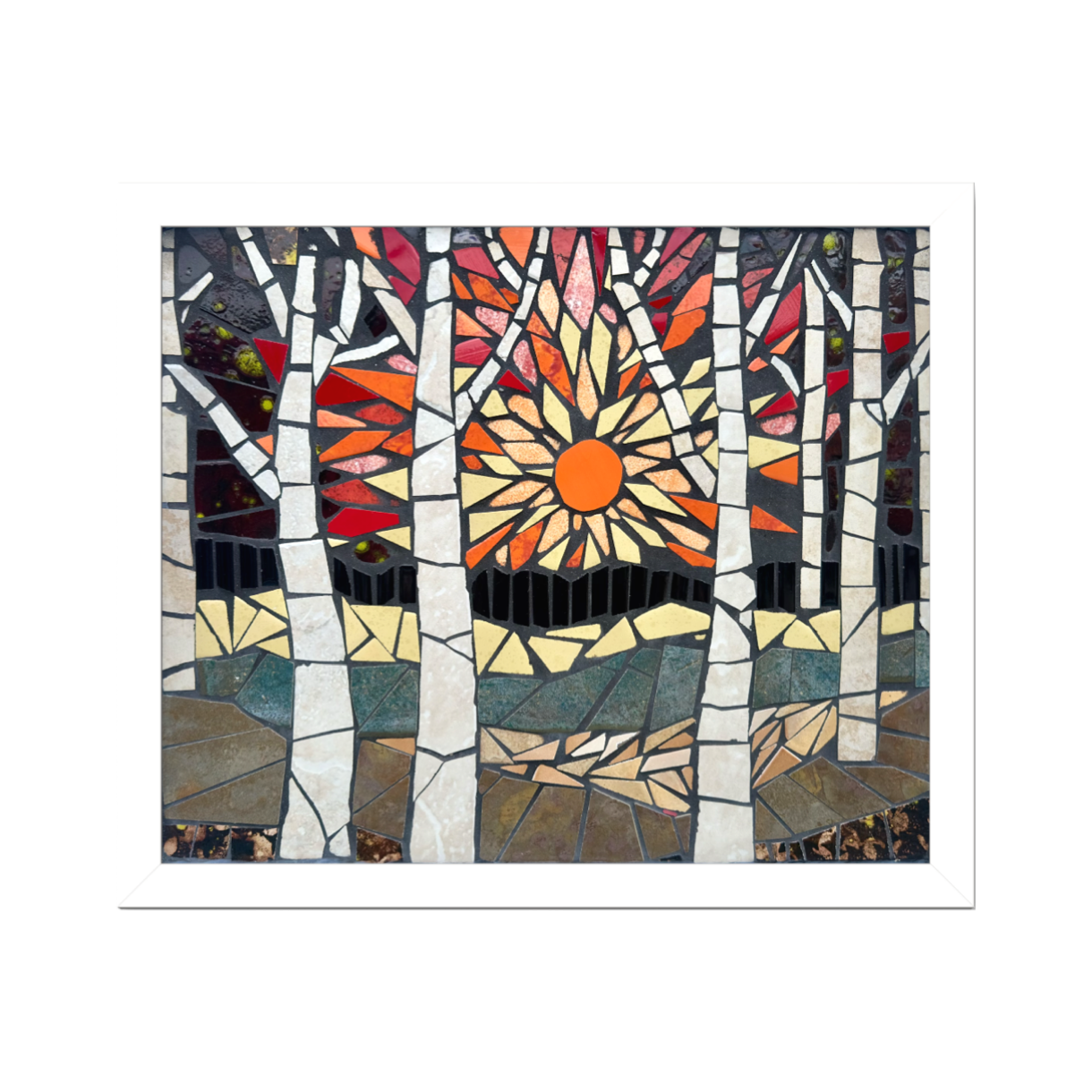 Mosaic artwork of birch trees and a sunset in a forest setting with birch trees