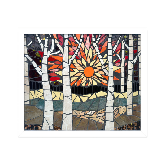 Mosaic artwork of birch trees and a sunset in a forest setting with birch trees