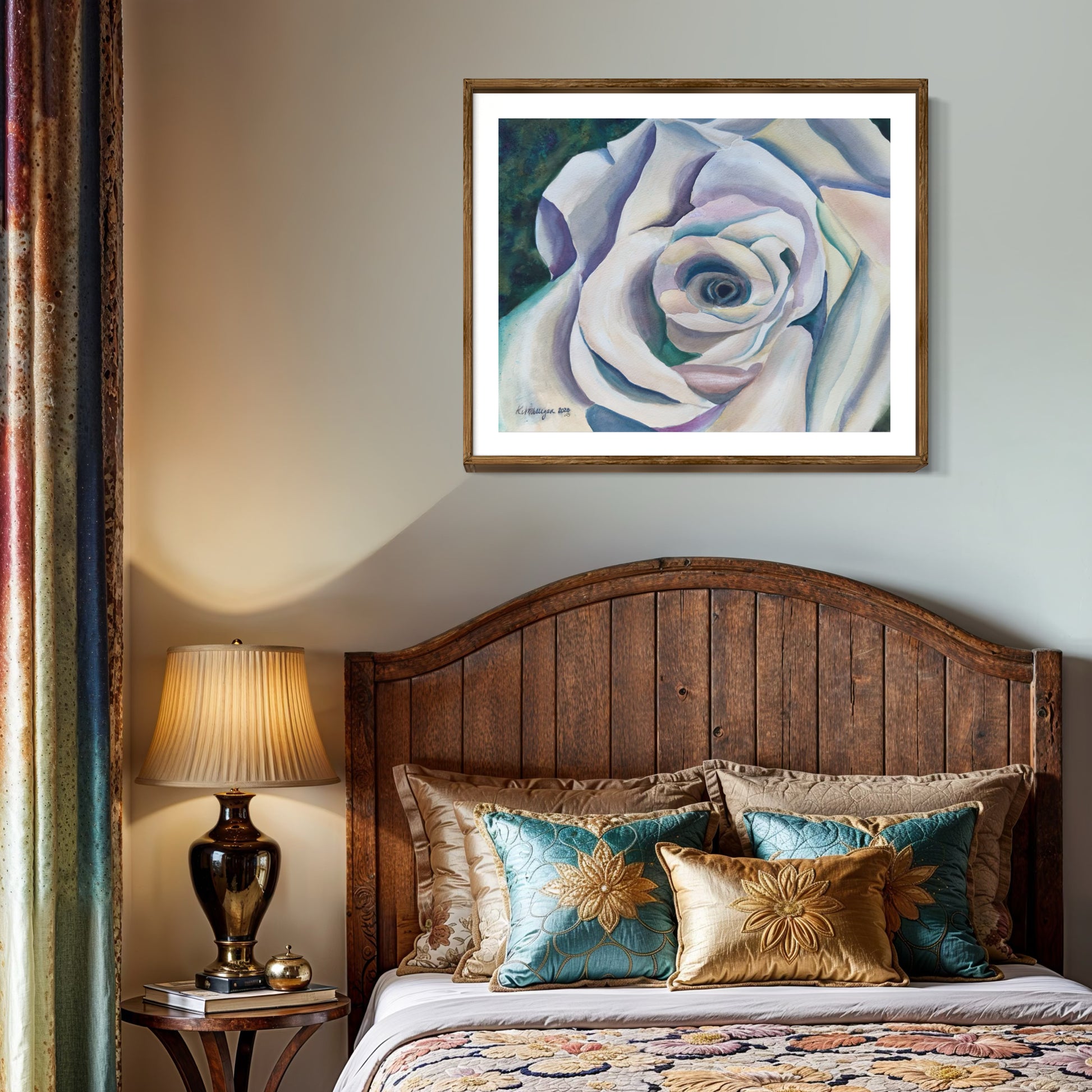 Close-up of a detailed watercolor painting of a rose with soft pastel colors.