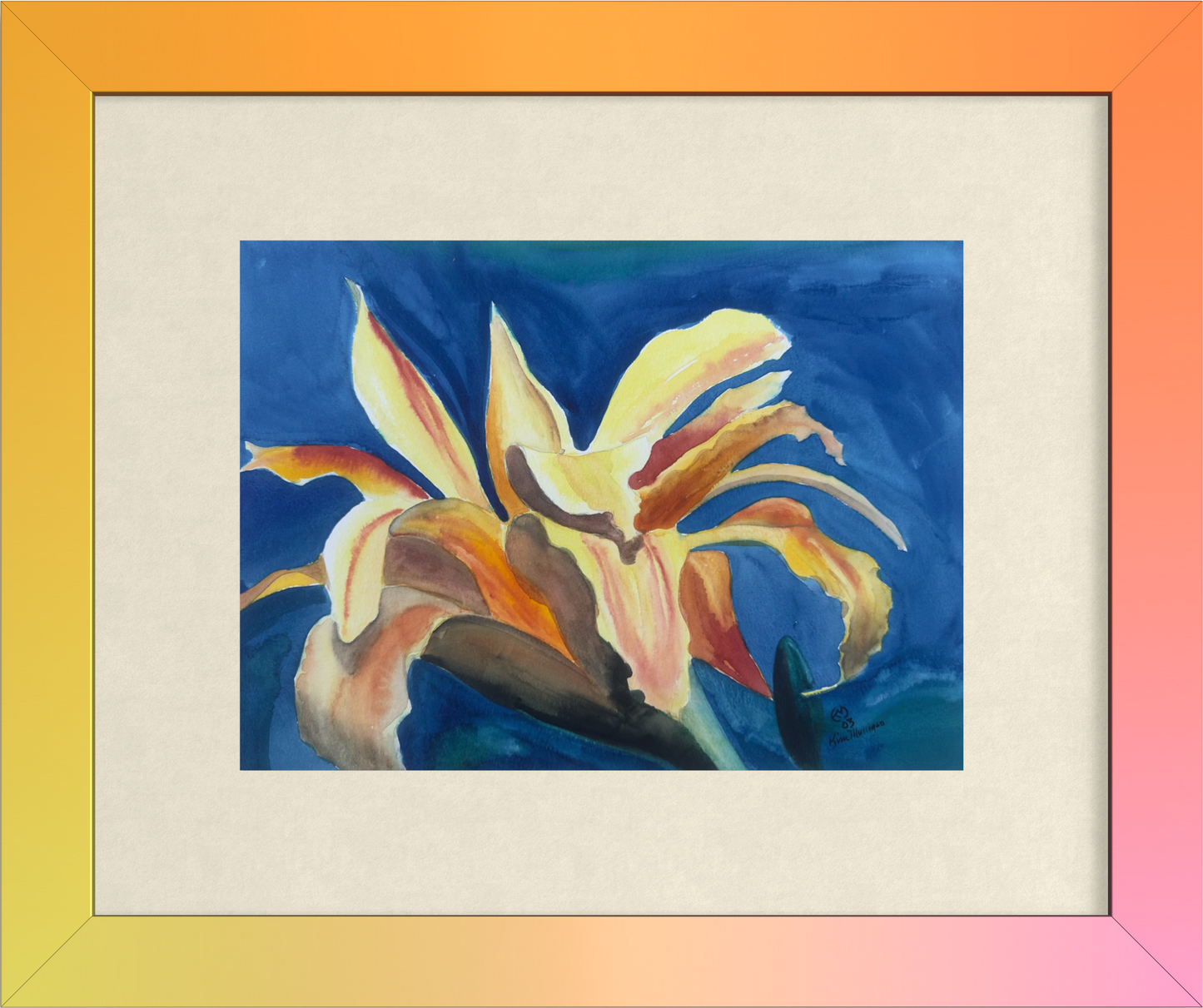 Framed painting of a floral design with a colorful border