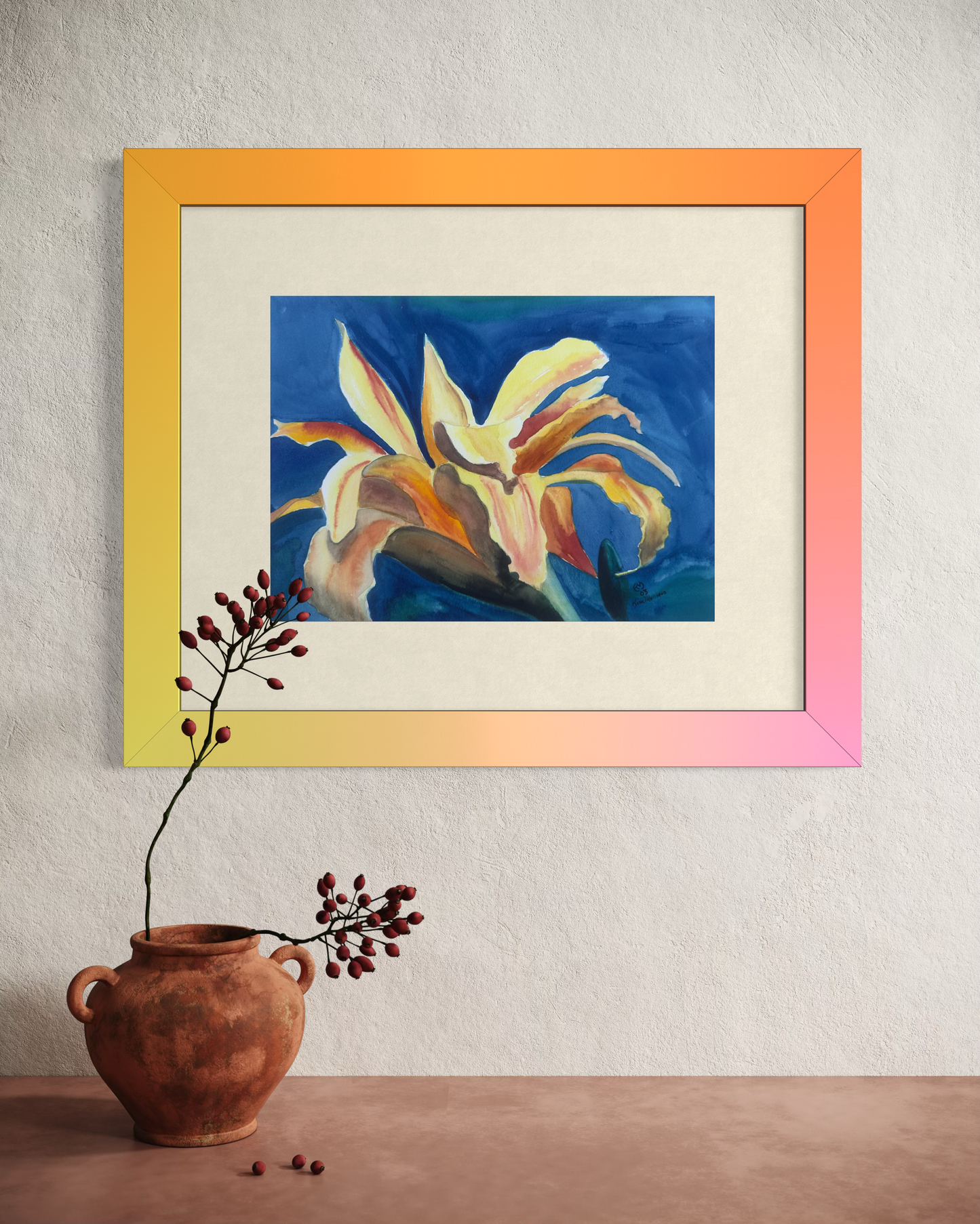 orange and yellow daylily matted and framed.