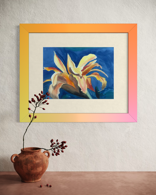 orange and yellow daylily matted and framed.