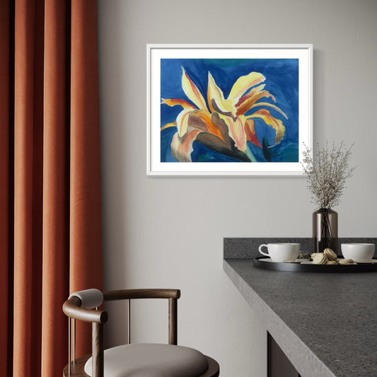 Framed watercolor painting of double yellow and orange daylily on deep blue background.