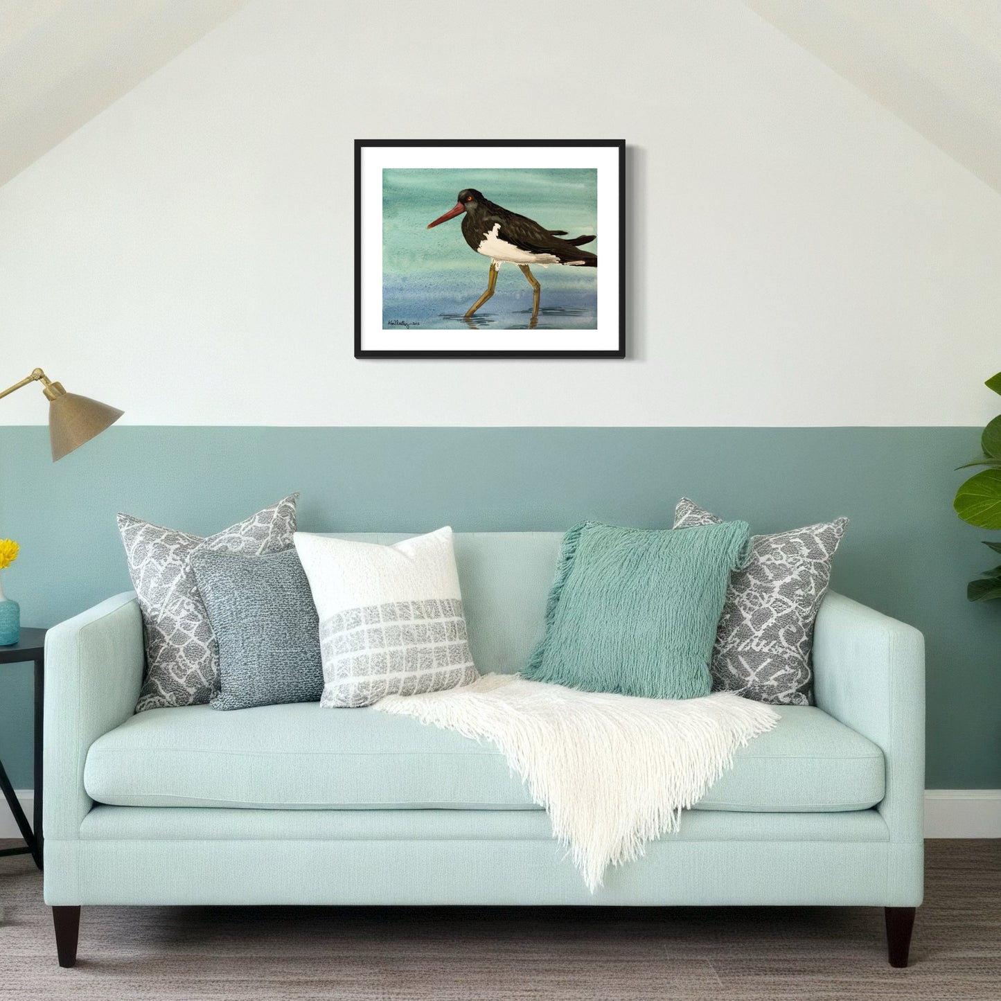 Print of Oyster Catcher Wading Watercolor Painting