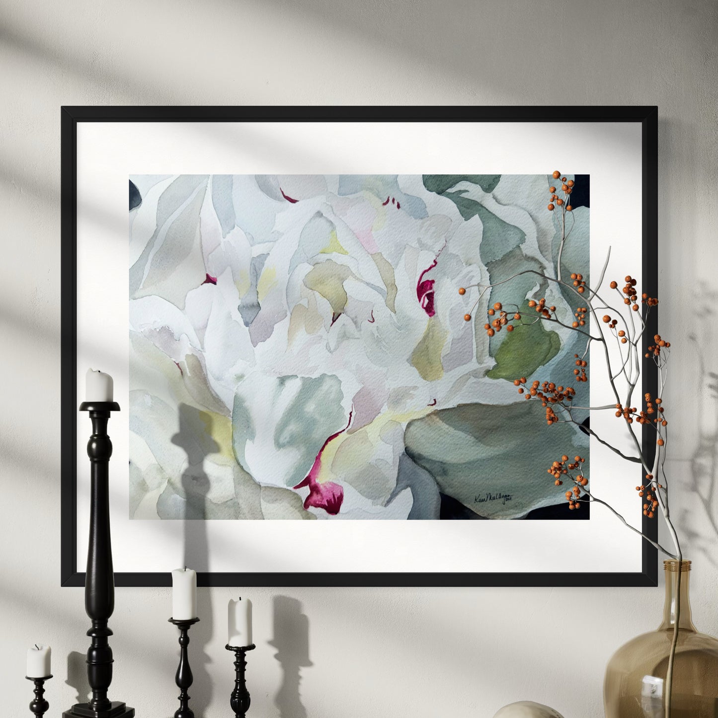 Print of White Peony Flower Watercolor Painting