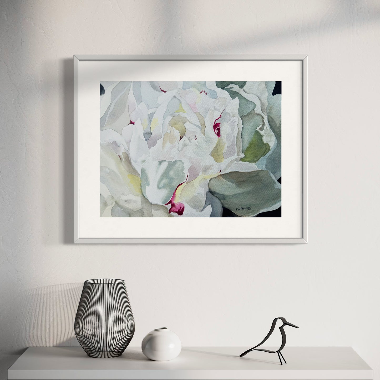 Framed Watercolor painting of white peony  close up with magenta details .