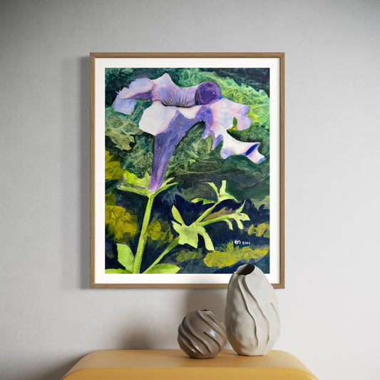 Framed painting of a purple flower with green leaves on a wall above a wooden surface with decorative vases.