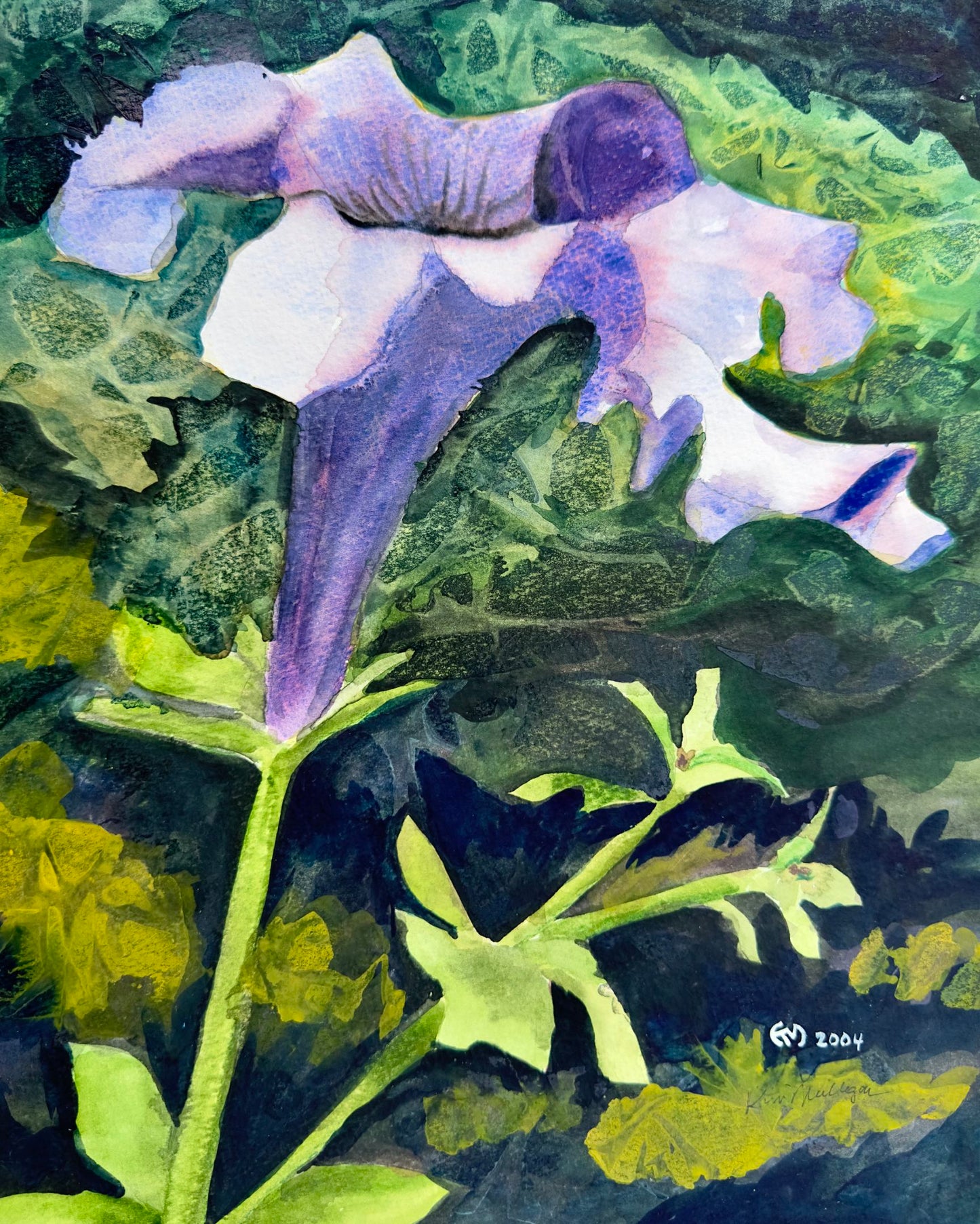 Purple petunia watercolor painting with abstract green leaves in the background.
