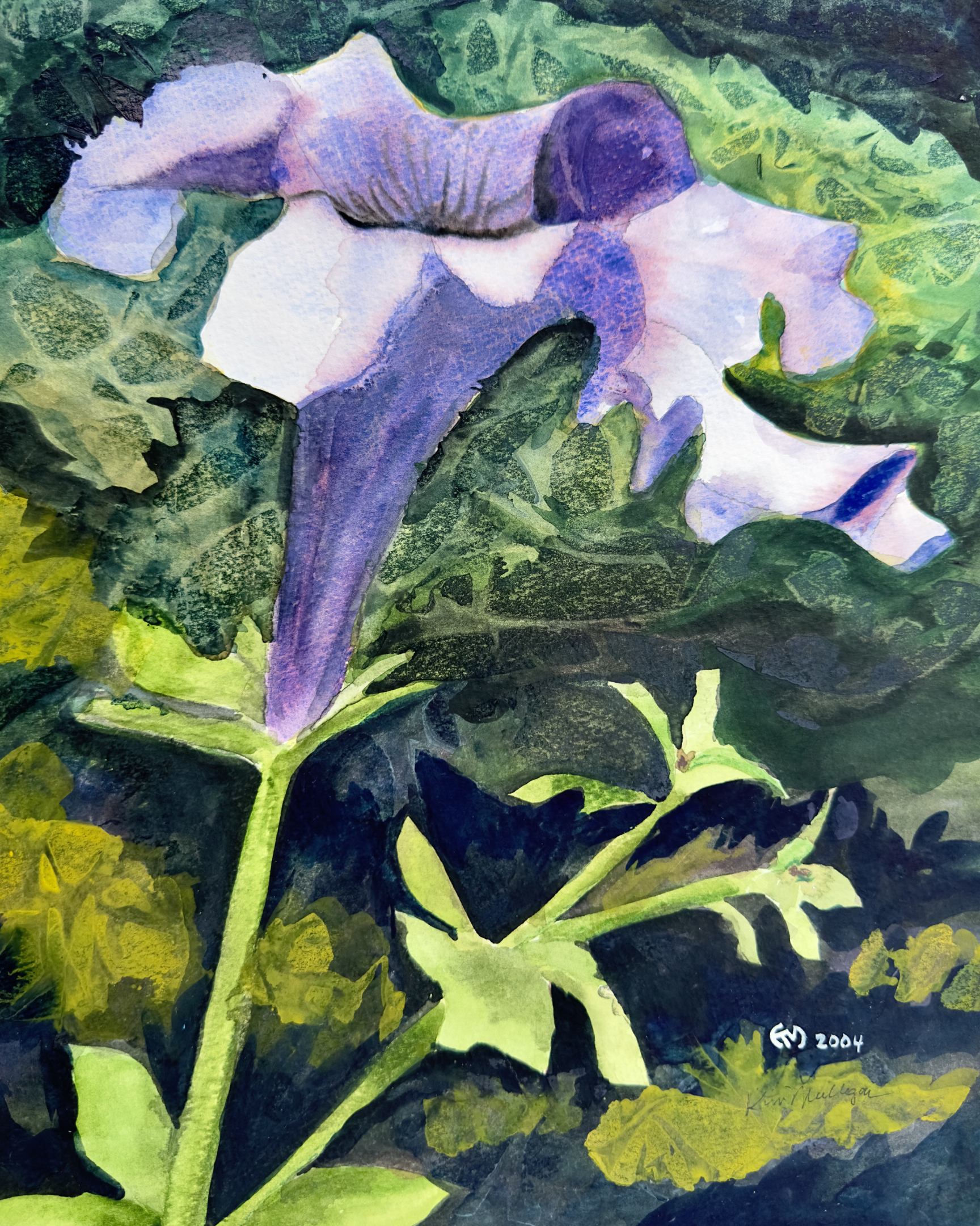 Purple petunia watercolor painting with abstract green leaves in the background.