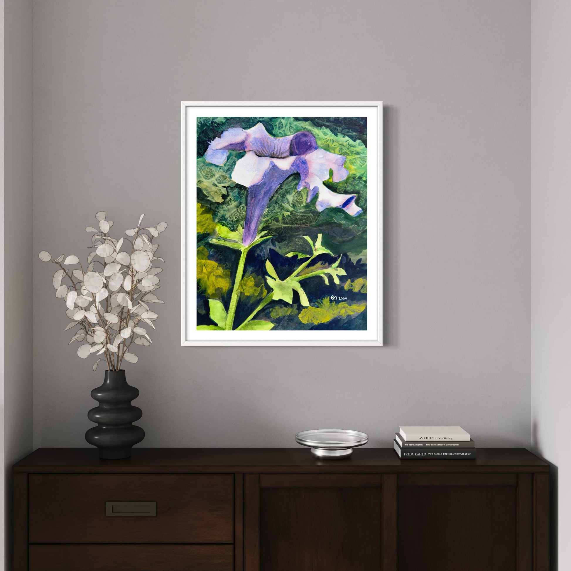 Framed floral watercolor artwork of purple petunia.