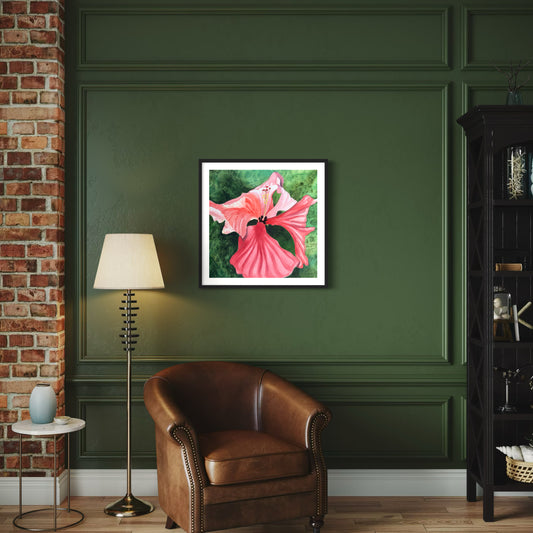 Watercolor painting of single pink hibiscus  blossom with green background.