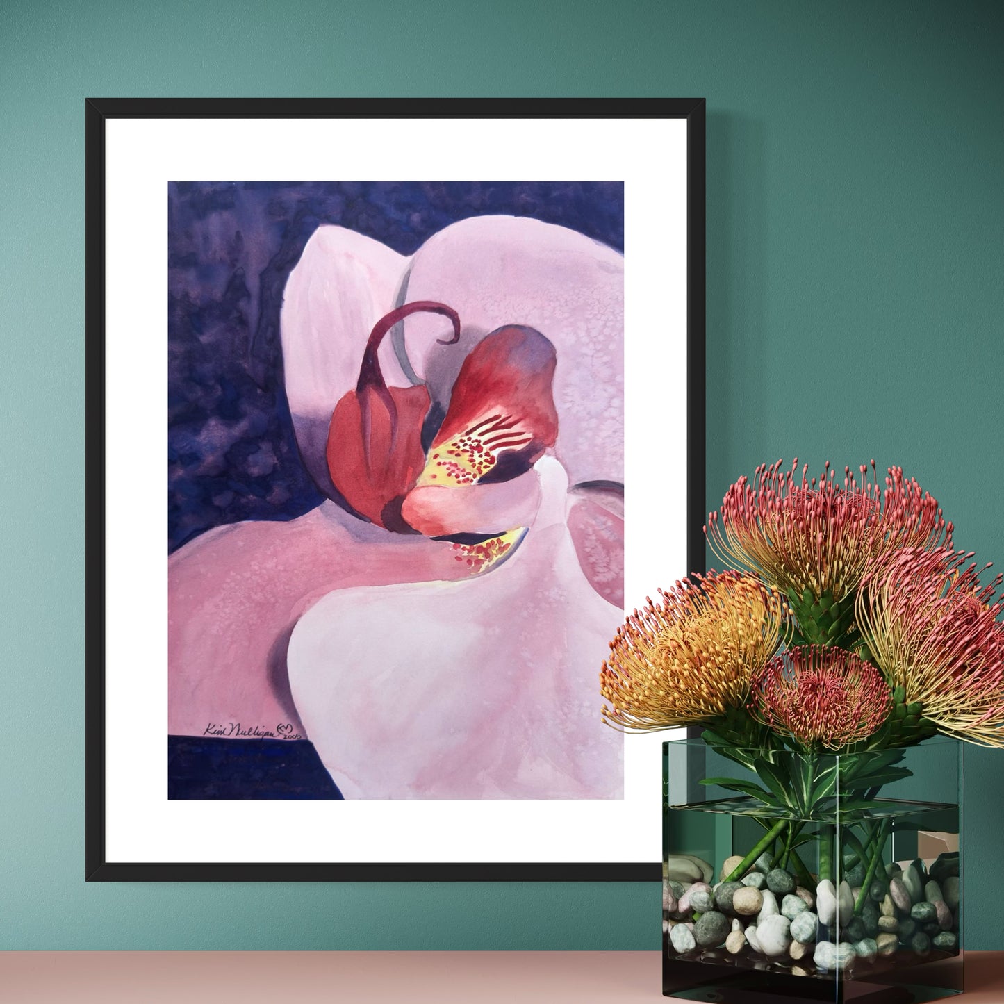 Framed artwork of a pink orchid close up with dark purple background.