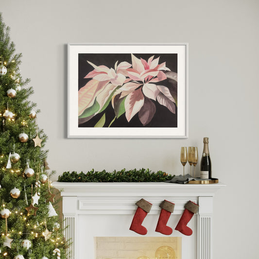 Framed watercolor painting of a dramatic pink poinsettia blossom.