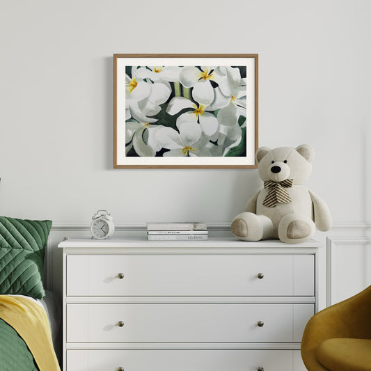 Framed watercolor painting of white plumeria flowers.