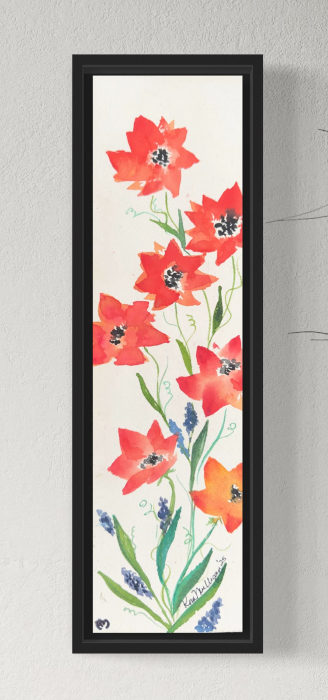 Poppies and Hyacinth Original Watercolor Painting - 4.25x14.25