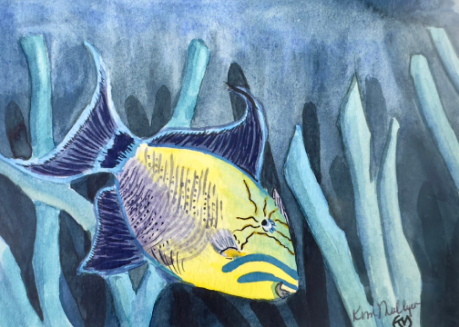 Colorful queen trigger fish watercolor painting with coral in the background