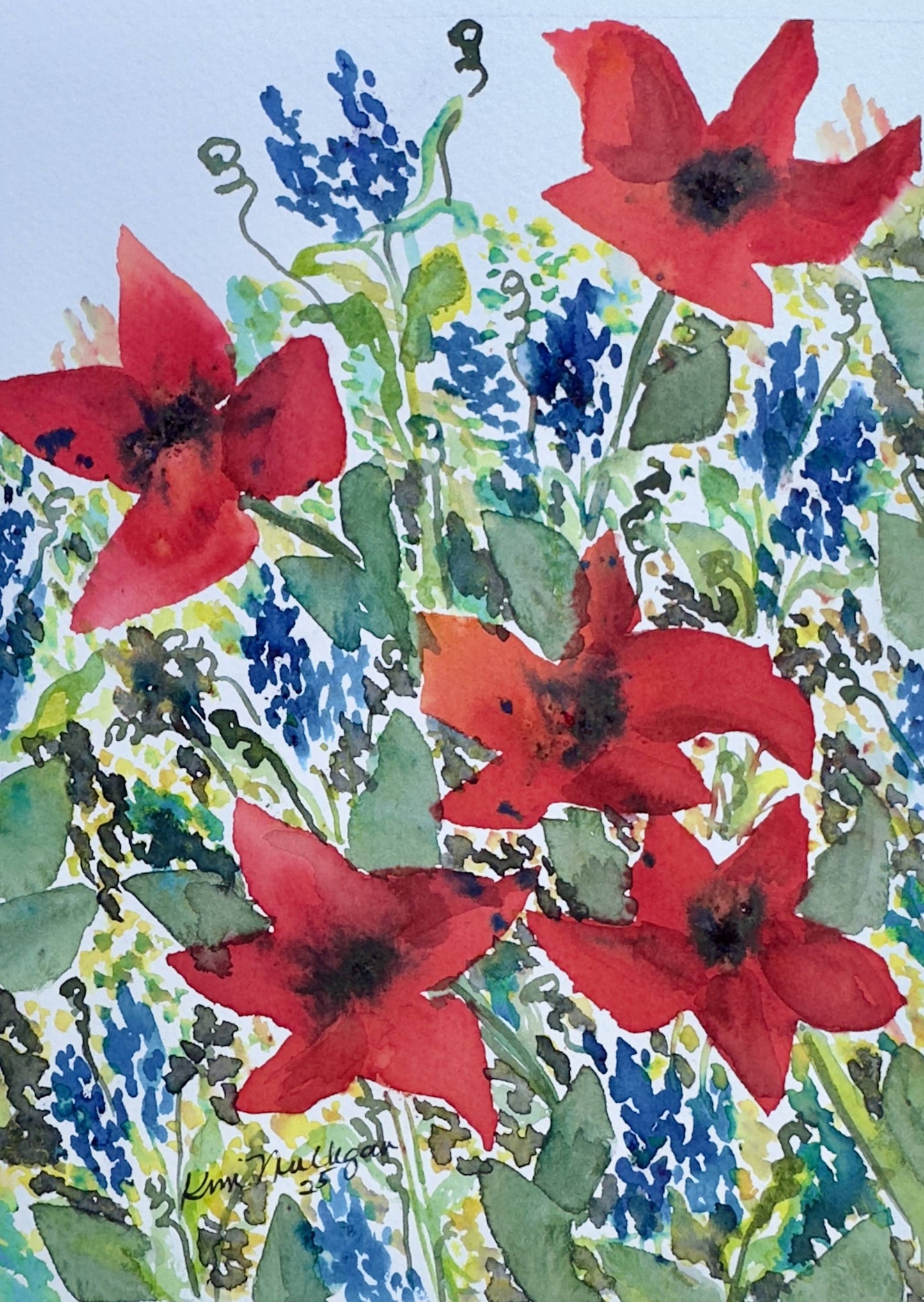 Watercolor painting of red poppies and blue flowers with green leaves on a light blue background.