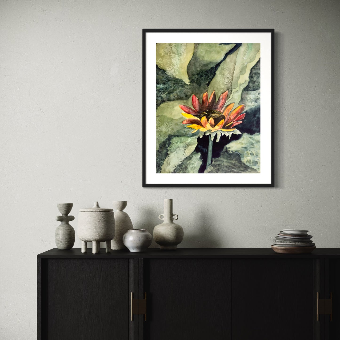 Print of Red Sunflower Watercolor Painting