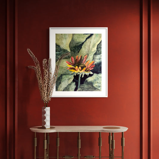 Print of Red Sunflower Watercolor Painting