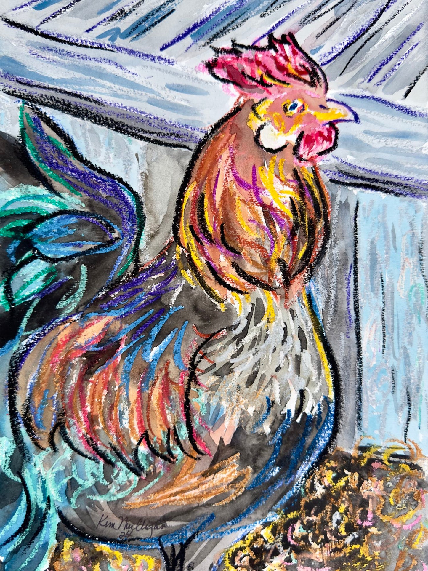 Colorful  abstract painting of a rooster with textured background