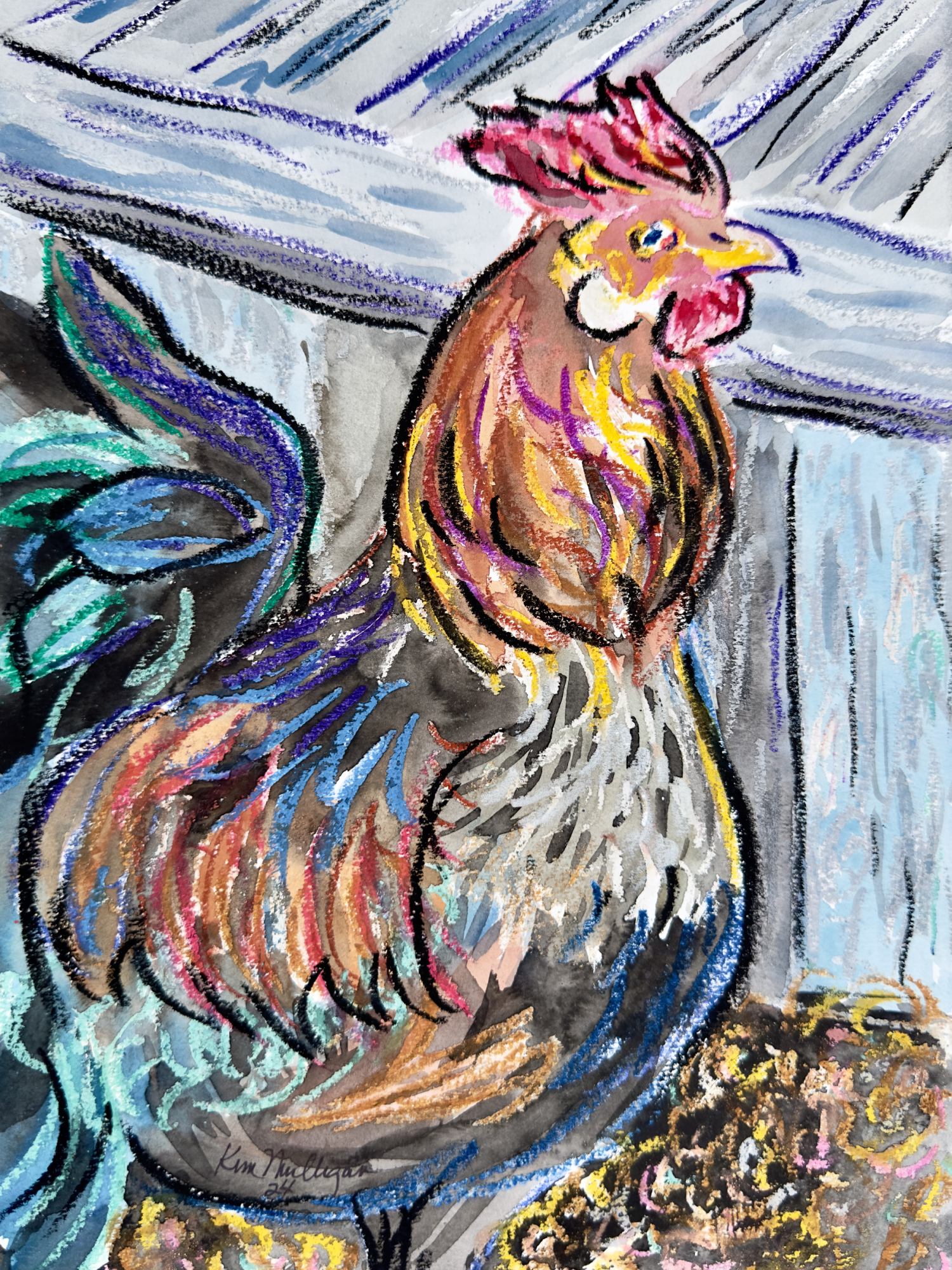 Colorful  abstract painting of a rooster with textured background