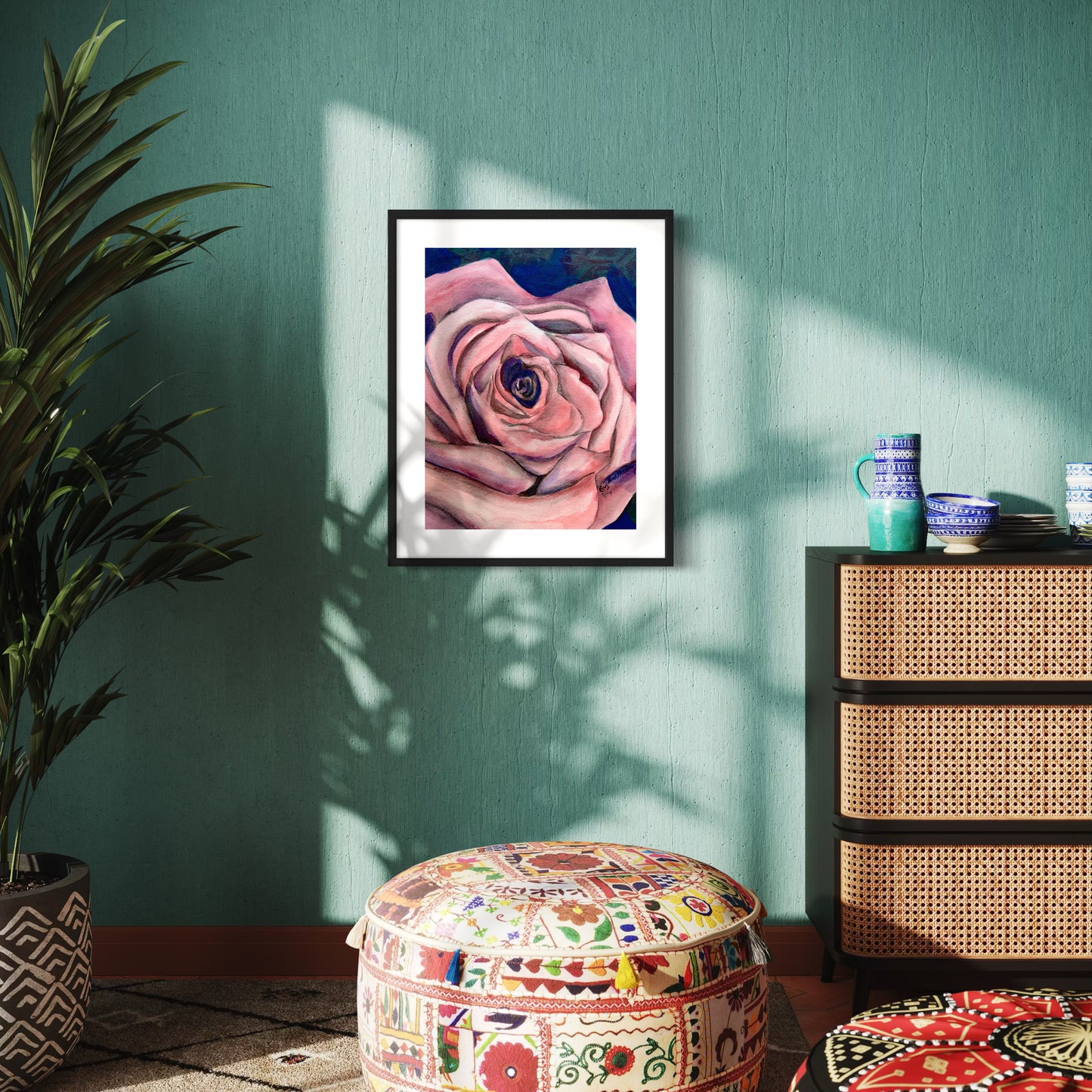 Framed watercolor painting of a close up pink rose