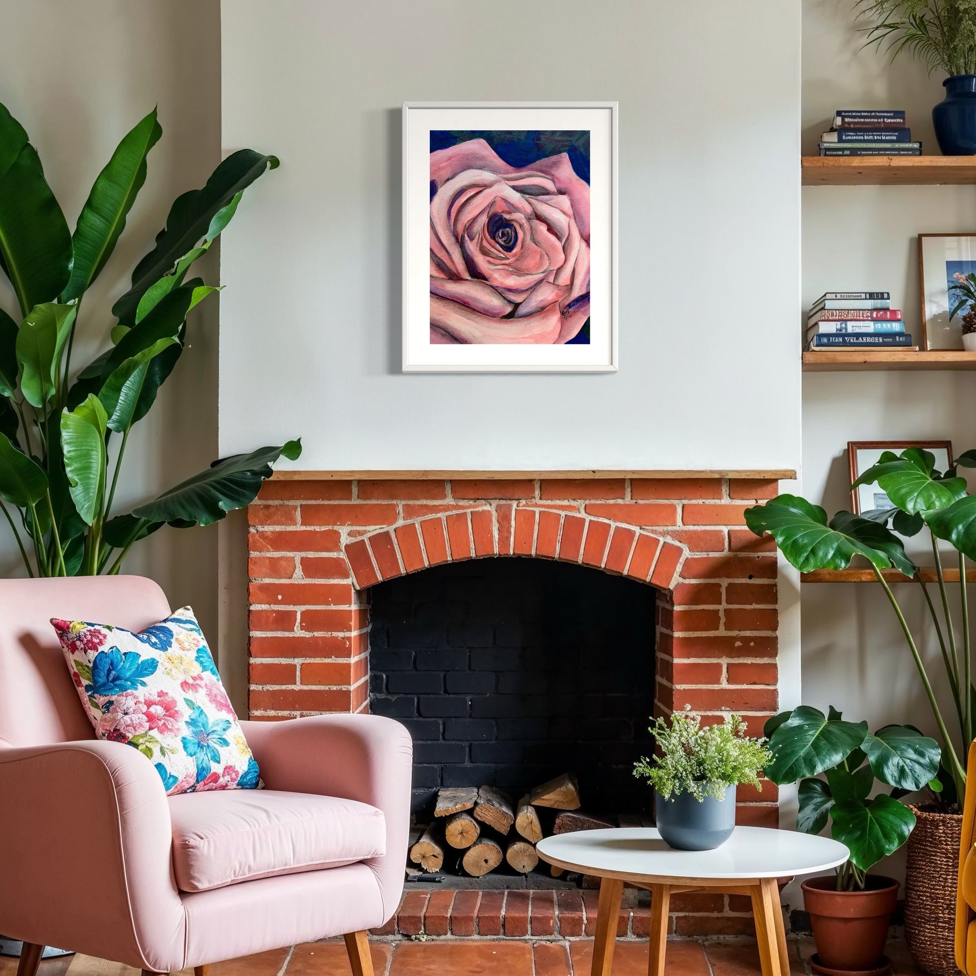 Framed watercolor painting of a pink rose .