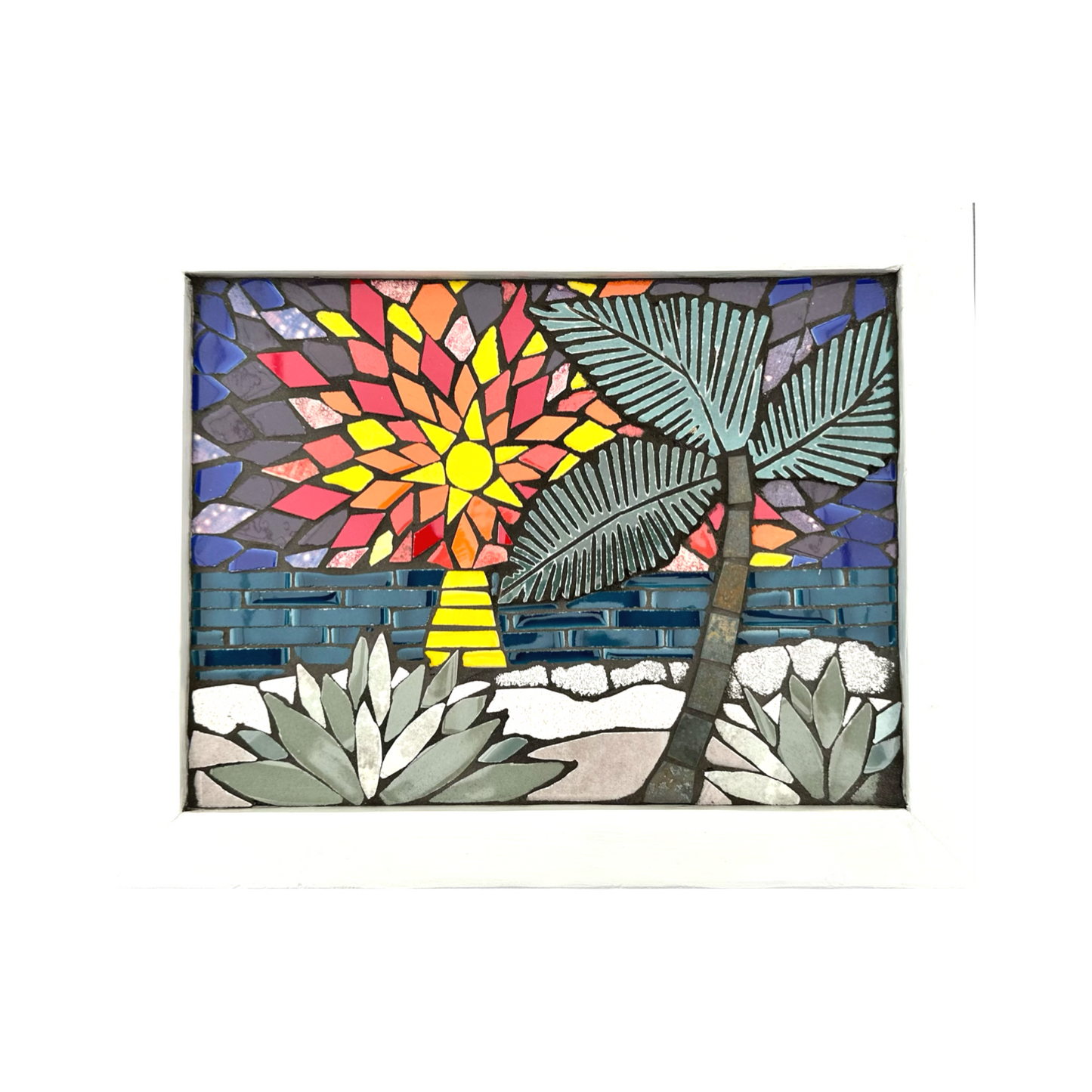 mosaic ceramic tile  artwork of a tropical scene with palm trees and a colorful sun.