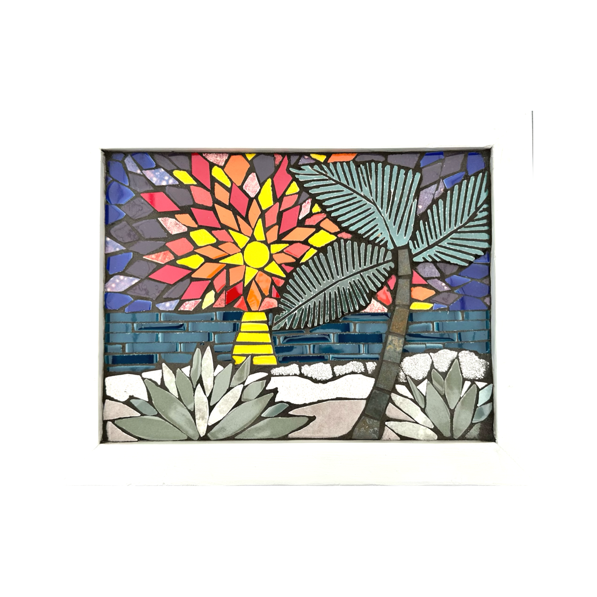 mosaic ceramic tile  artwork of a tropical scene with palm trees and a colorful sun.
