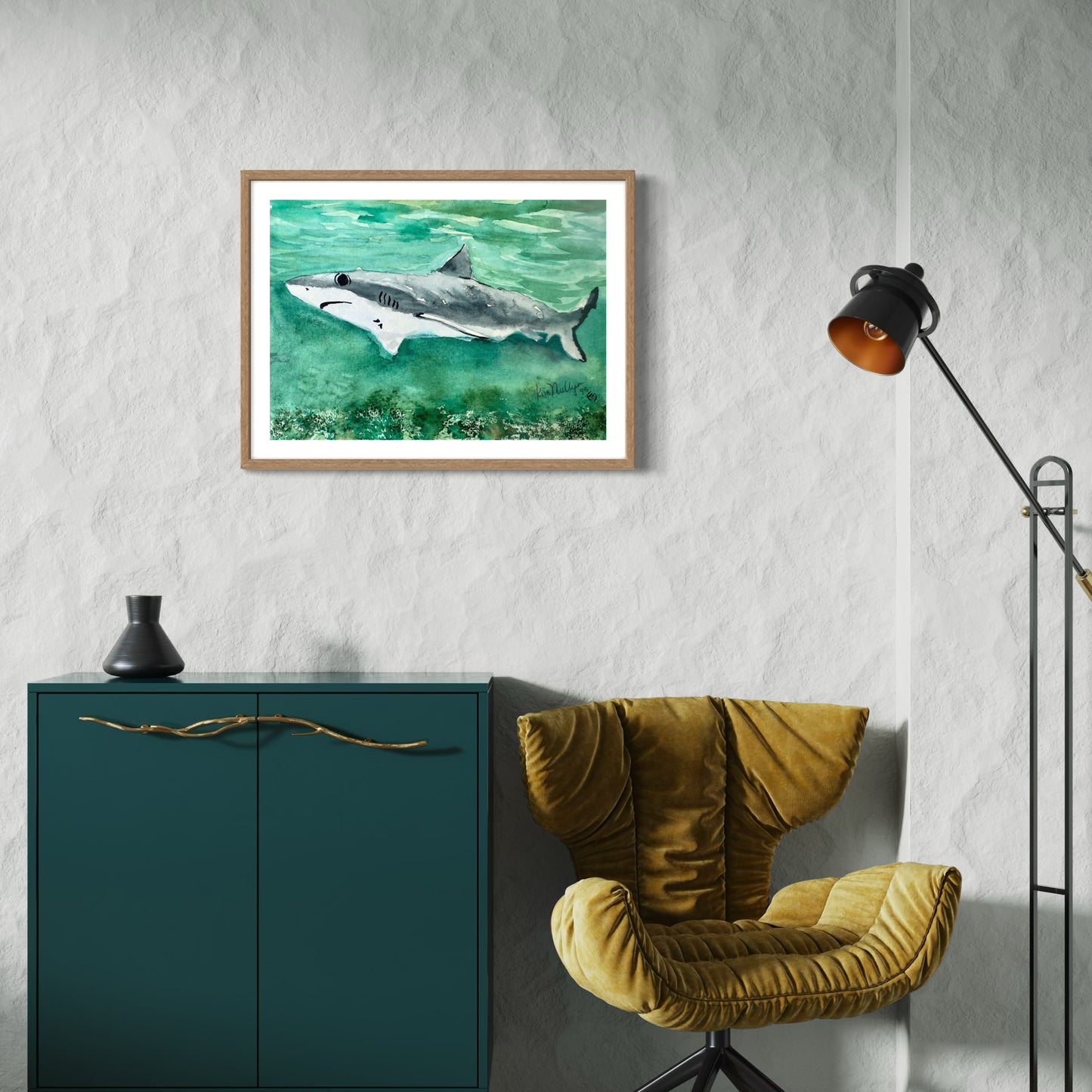Framed watercolor artwork of a black tipped reef shark in water 