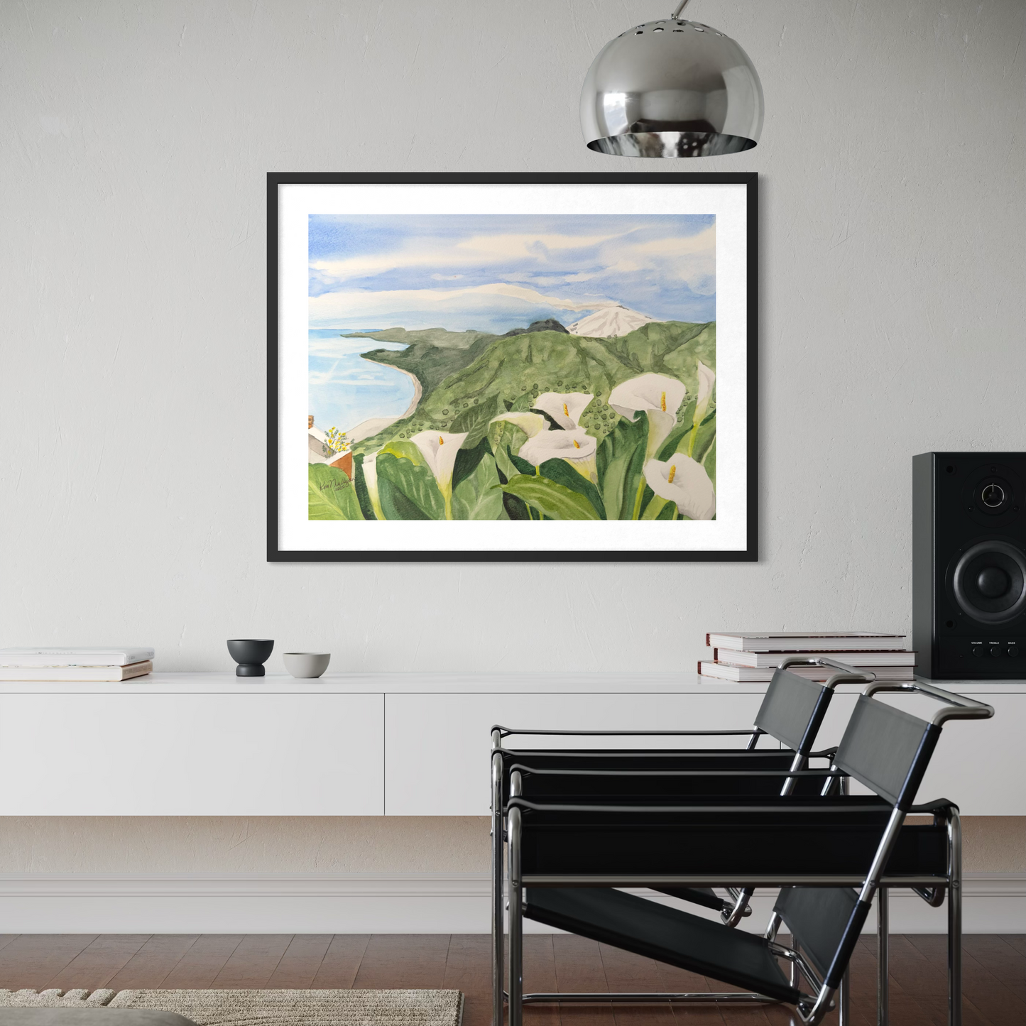 Mount Etna with Cala Lilies in Savoca, Sicily - Original Watercolor Painting - 12x16"