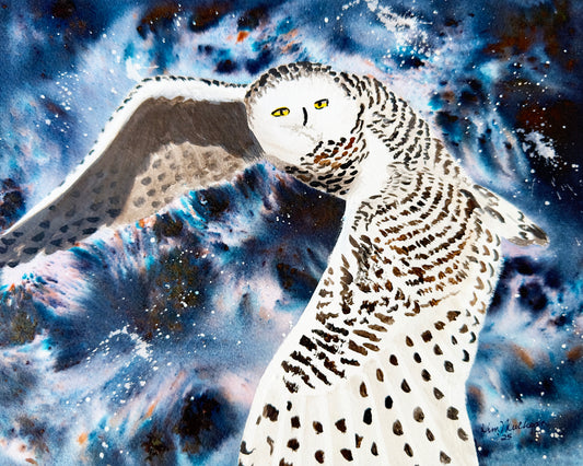 watercolor painting of a Snowy owl in flight against a cosmic background