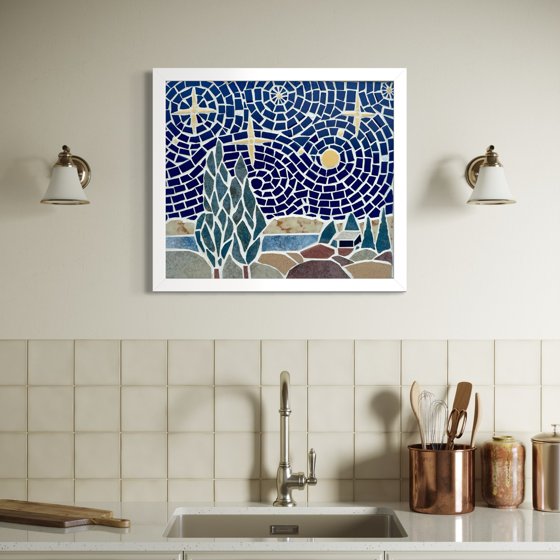 framed mosaic landscape with moon and stars swirling sky