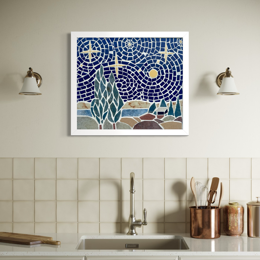 framed mosaic landscape with moon and stars swirling sky