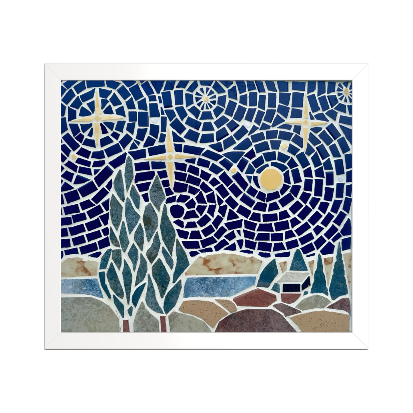 Framed mosaic artwork with a night sky design featuring stars, moon, and trees.
