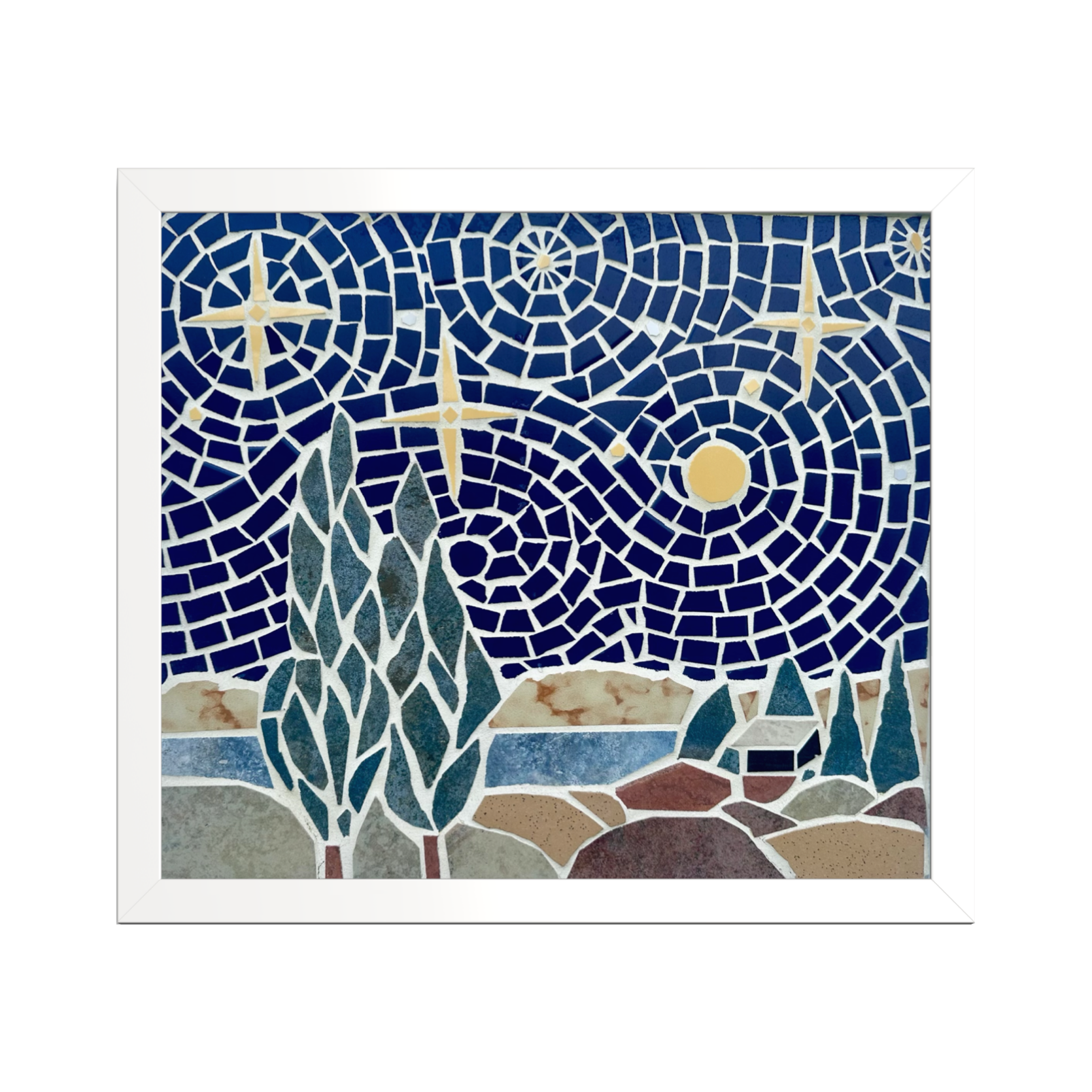 Framed mosaic artwork with a night sky design featuring stars, moon, and trees.