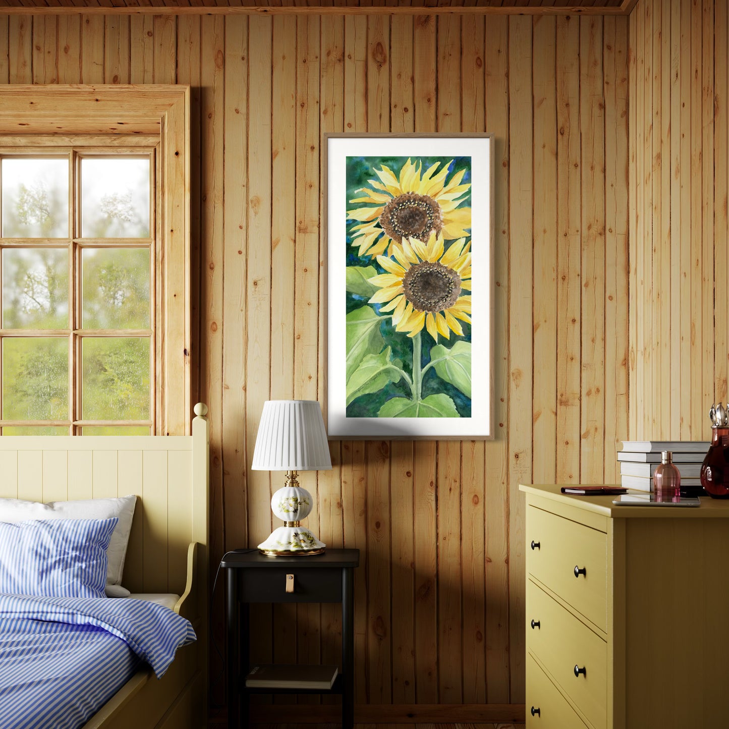 Watercolor painting of 2 yellow sunflowers  and green leaves.